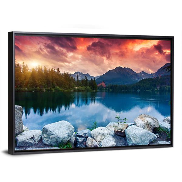 Sunny Day In Mountain Lake Canvas Wall Art-5 Horizontal-Gallery Wrap-22" x 12"-Tiaracle