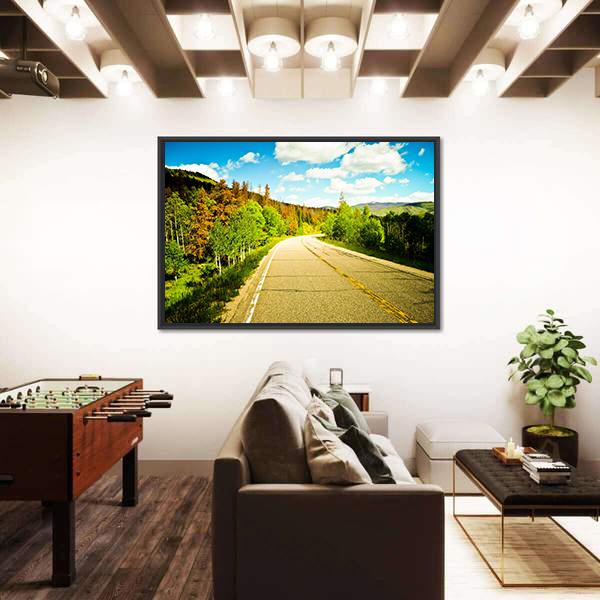 Sunny Road Among Trees With Colorful Leaves Canvas Wall Art-5 Horizontal-Gallery Wrap-22" x 12"-Tiaracle