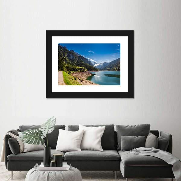 Sunny Sunrise At Gosausee Lake Canvas Wall Art-1 Piece-Framed Print-20" x 16"-Tiaracle