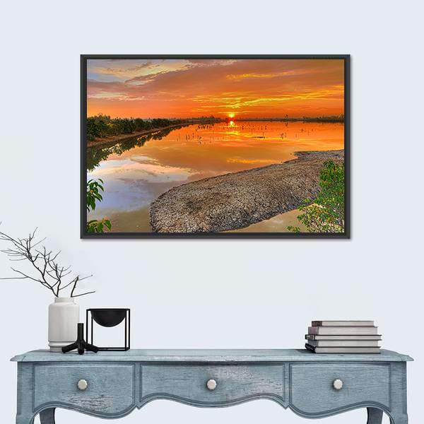 Sunrise Across A River India Canvas Wall Art-1 Piece-Floating Frame-36" x 24"-Tiaracle