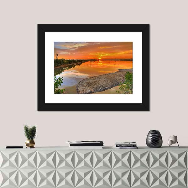 Sunrise Across A River India Canvas Wall Art-1 Piece-Framed Print-30" x 20"-Tiaracle