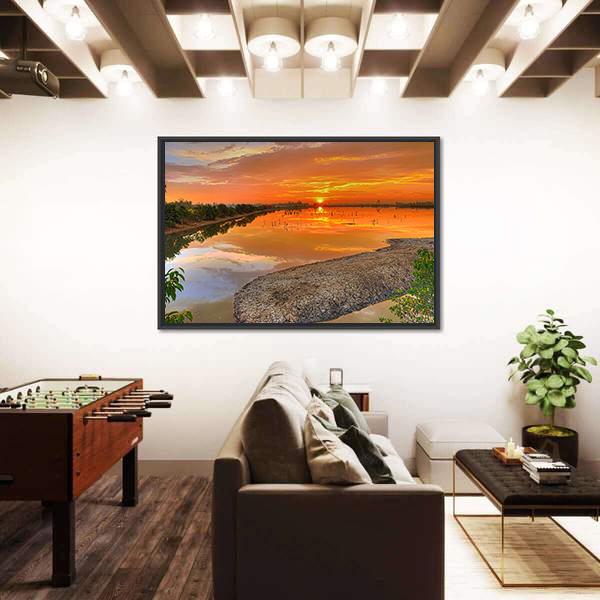 Sunrise Across A River India Canvas Wall Art-5 Horizontal-Gallery Wrap-22" x 12"-Tiaracle