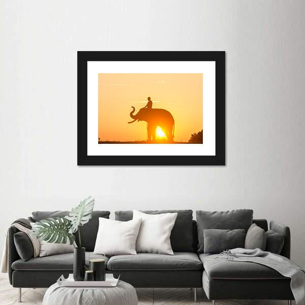 Sunrise Action Of Thai Elephant Canvas Wall Art-1 Piece-Framed Print-20" x 16"-Tiaracle