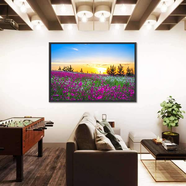 Sunrise And Flowers Scenery Canvas Wall Art-1 Piece-Floating Frame-24" x 16"-Tiaracle