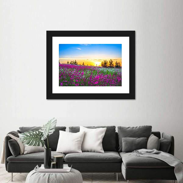 Sunrise And Flowers Scenery Canvas Wall Art-1 Piece-Framed Print-20" x 16"-Tiaracle
