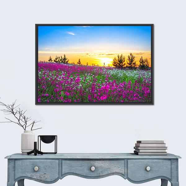 Sunrise And Flowers Scenery Canvas Wall Art-5 Horizontal-Gallery Wrap-22" x 12"-Tiaracle