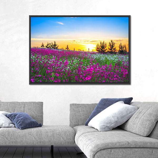 Sunrise And Flowers Scenery Canvas Wall Art-5 Horizontal-Gallery Wrap-22" x 12"-Tiaracle