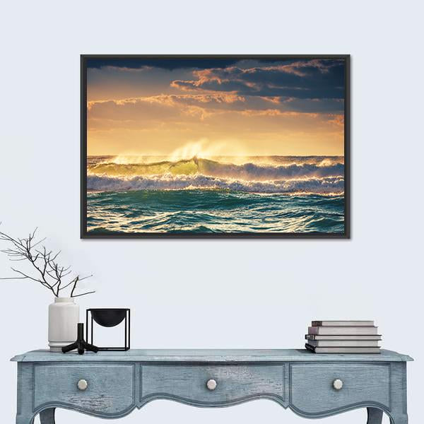 Sunrise And Shining Waves In Ocean Canvas Wall Art-1 Piece-Floating Frame-24" x 16"-Tiaracle