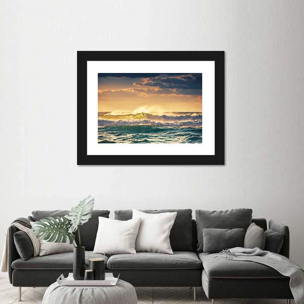 Sunrise And Shining Waves In Ocean Canvas Wall Art-1 Piece-Framed Print-20" x 16"-Tiaracle