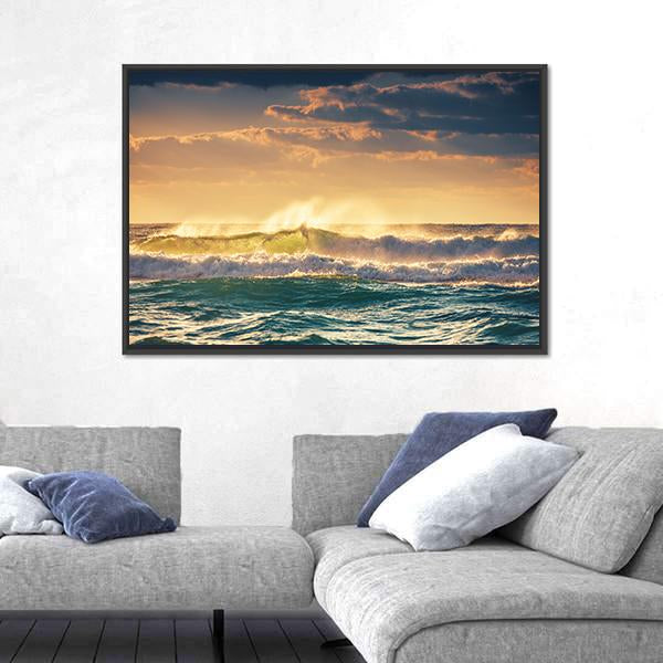 Sunrise And Shining Waves In Ocean Canvas Wall Art-3 Horizontal-Gallery Wrap-25&quot; x 16&quot;-Tiaracle