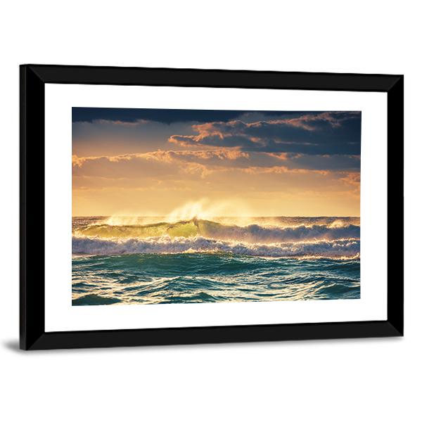 Sunrise And Shining Waves In Ocean Canvas Wall Art-5 Horizontal-Gallery Wrap-22" x 12"-Tiaracle