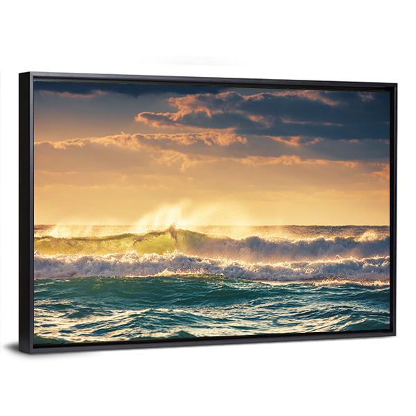 Sunrise And Shining Waves In Ocean Canvas Wall Art-5 Horizontal-Gallery Wrap-22" x 12"-Tiaracle