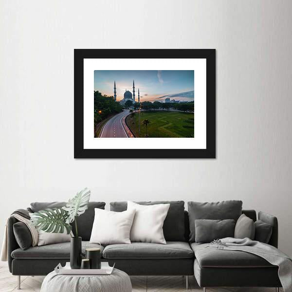 Sunrise At Blue Mosque Shah Alam Malaysia Canvas Wall Art-1 Piece-Framed Print-20" x 16"-Tiaracle