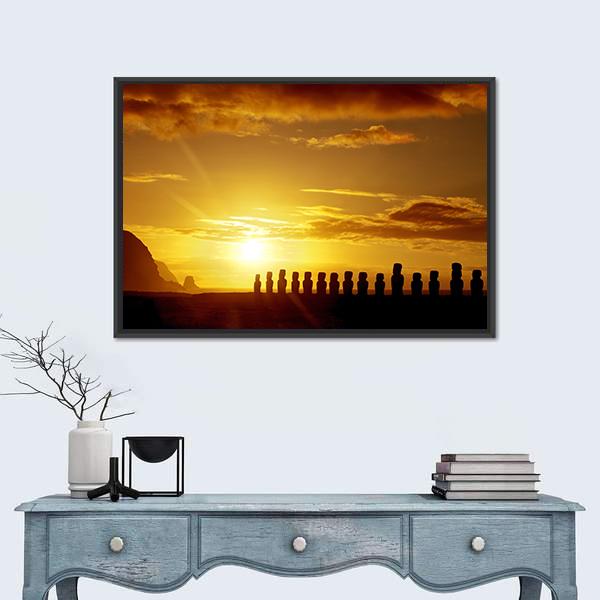 Sunrise at Easter Island Canvas Wall Art in black, orange and yellow, framed canvas, product view on a white background