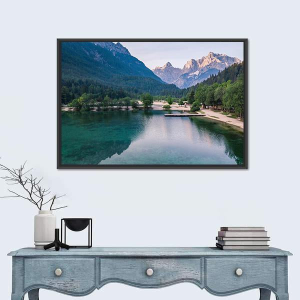 Lake Jasna Sunrise with Mountains Canvas Wall Art in gray, green and blue, framed canvas, product view on a white background