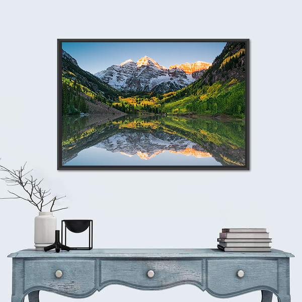 Sunrise At Maroon Bells Lake Canvas Wall Art-1 Piece-Floating Frame-24" x 16"-Tiaracle
