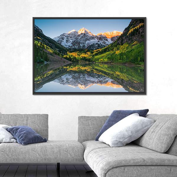 Sunrise At Maroon Bells Lake Canvas Wall Art-3 Horizontal-Gallery Wrap-25" x 16"-Tiaracle