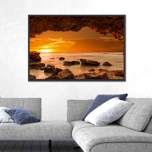 Sunrise At Sea From A Cave Canvas Wall Art-5 Horizontal-Gallery Wrap-22" x 12"-Tiaracle