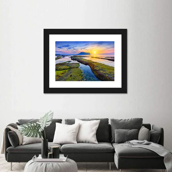 Sunrise At Seongsan Ilchulbong Canvas Wall Art-1 Piece-Framed Print-42" x 14"-Tiaracle