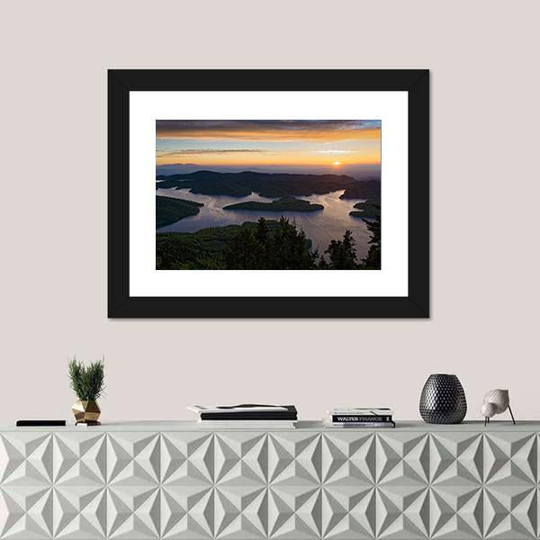 Sunrise At Tthe Plastiras Lake In Greece Canvas Wall Art-1 Piece-Framed Print-42" x 14"-Tiaracle