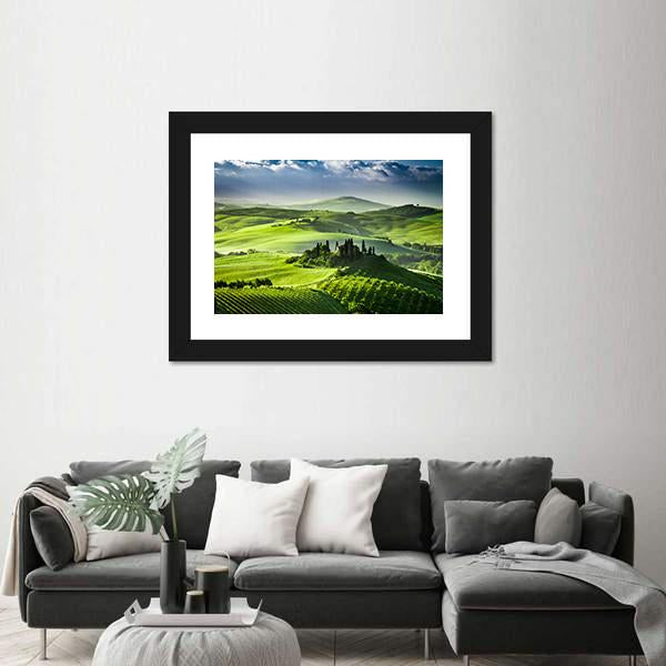 Sunrise In The Valley Of San Quirico D Orcia Canvas Wall Art-1 Piece-Framed Print-20" x 16"-Tiaracle