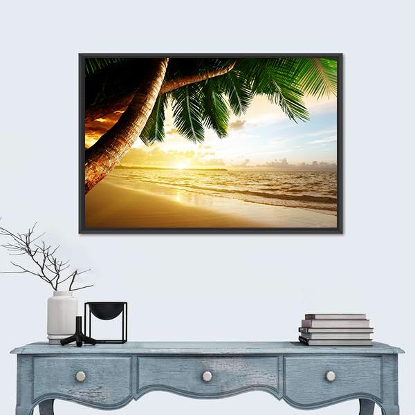 Sunrise On Caribbean Beach Canvas Wall Art-1 Piece-Floating Frame-24&quot; x 16&quot;-Tiaracle