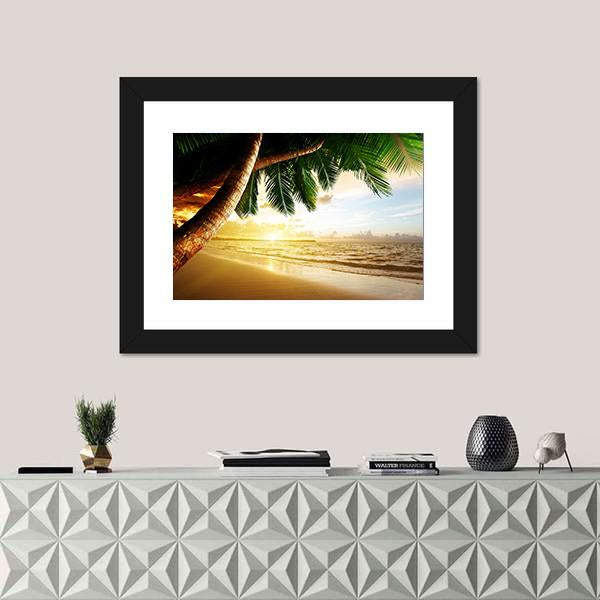 Sunrise On Caribbean Beach Canvas Wall Art-1 Piece-Framed Print-20" x 16"-Tiaracle
