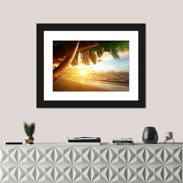 Sunrise On Caribbean Beach Canvas Wall Art-1 Piece-Framed Print-36" x 24"-Tiaracle