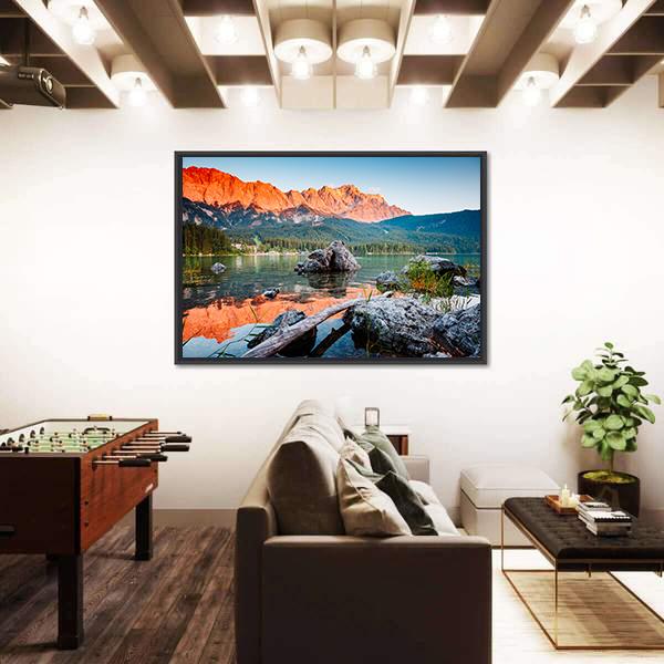 Sunrise On Lake Eibsee Canvas Wall Art-1 Piece-Floating Frame-24" x 16"-Tiaracle