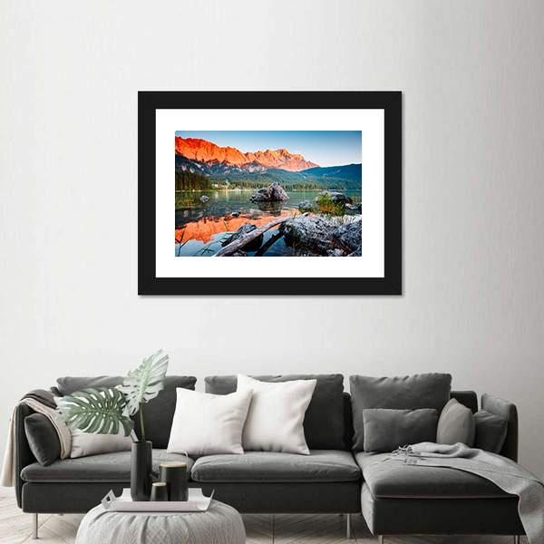 Sunrise On Lake Eibsee Canvas Wall Art-1 Piece-Framed Print-20" x 16"-Tiaracle
