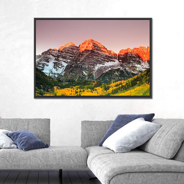 Sunrise On Maroon Bells Canvas Wall Art-5 Horizontal-Gallery Wrap-22" x 12"-Tiaracle