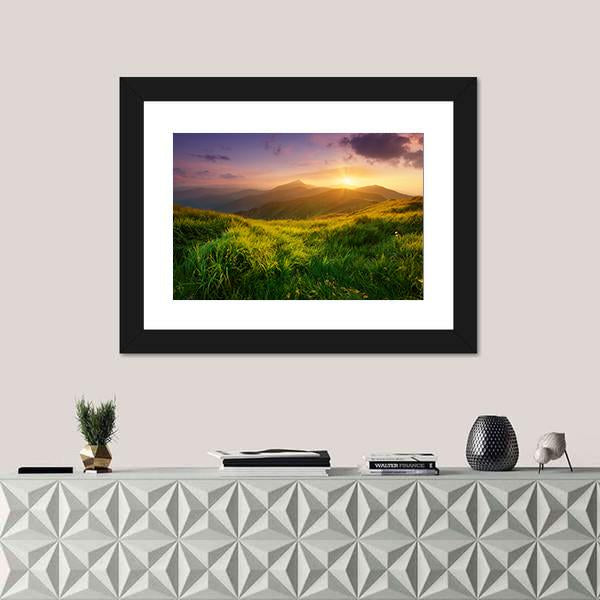 Sunrise on Mountain Valley Canvas Wall Art in yellow, green and purple, framed print, product view on a white background