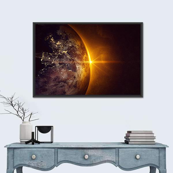 Sunrise On Planet Earth Canvas Wall Art-1 Piece-Floating Frame-24" x 16"-Tiaracle