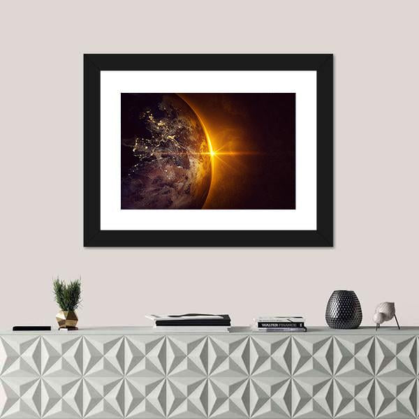 Sunrise On Planet Earth Canvas Wall Art-1 Piece-Framed Print-20" x 16"-Tiaracle