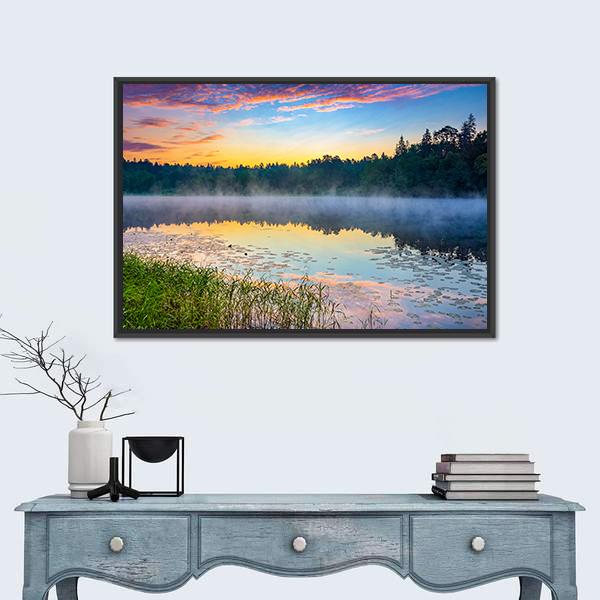 Sunrise Over Forest Lake Canvas Wall Art-1 Piece-Floating Frame-24" x 16"-Tiaracle