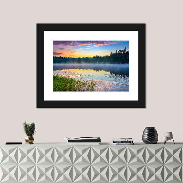 Sunrise Over Forest Lake Canvas Wall Art-1 Piece-Framed Print-20" x 16"-Tiaracle