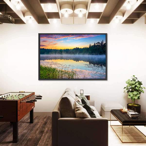 Sunrise Over Forest Lake Canvas Wall Art-5 Horizontal-Gallery Wrap-22" x 12"-Tiaracle