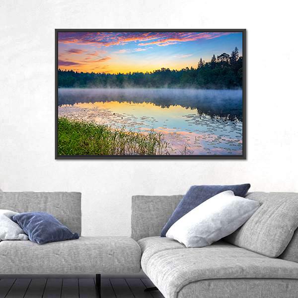 Sunrise Over Forest Lake Canvas Wall Art-5 Horizontal-Gallery Wrap-22" x 12"-Tiaracle