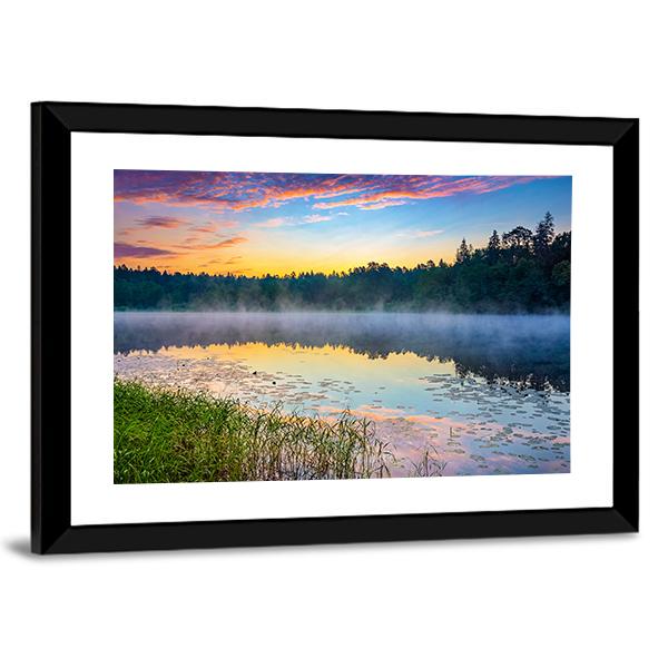 Sunrise Over Forest Lake Canvas Wall Art-5 Horizontal-Gallery Wrap-22" x 12"-Tiaracle