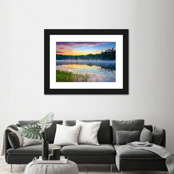 Sunrise Over Forest Lake Canvas Wall Art-5 Horizontal-Gallery Wrap-22" x 12"-Tiaracle