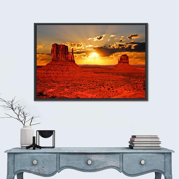 Sunrise Over Iconic Monument Valley Canvas Wall Art-5 Horizontal-Gallery Wrap-22" x 12"-Tiaracle