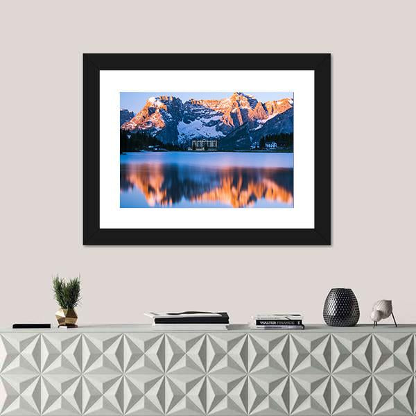 Sunrise Over Misurina Lake With Dolomites Mountains Canvas Wall Art-1 Piece-Framed Print-20" x 16"-Tiaracle