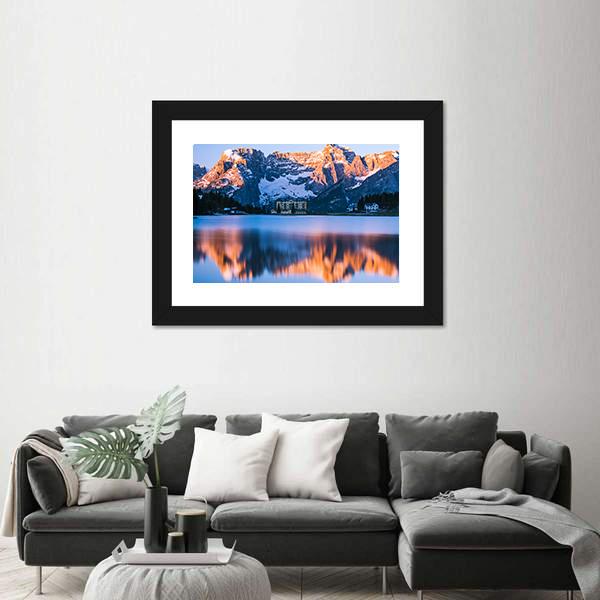 Sunrise Over Misurina Lake With Dolomites Mountains Canvas Wall Art-5 Horizontal-Gallery Wrap-22" x 12"-Tiaracle
