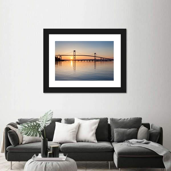Sunrise Over Newport Bridge Canvas Wall Art-1 Piece-Framed Print-20" x 16"-Tiaracle