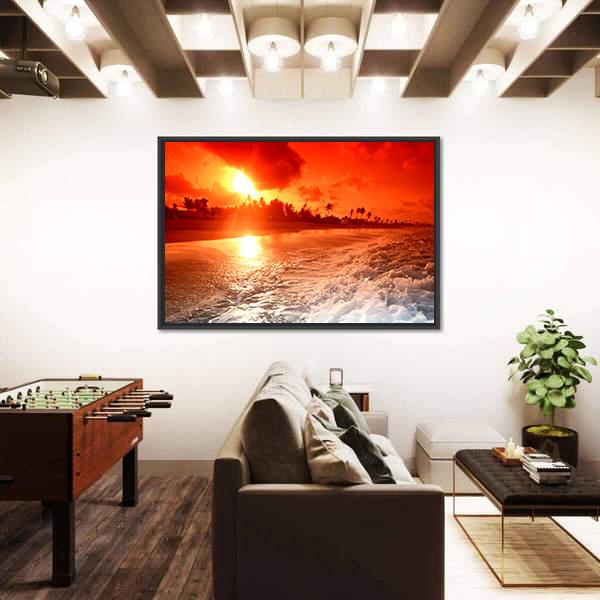 Sunrise Over Ocean In Golden Sky Canvas Wall Art-1 Piece-Floating Frame-24" x 16"-Tiaracle