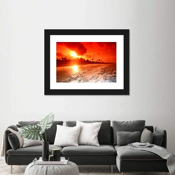 Sunrise Over Ocean In Golden Sky Canvas Wall Art-1 Piece-Framed Print-20" x 16"-Tiaracle