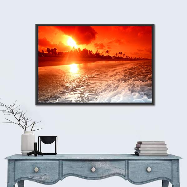 Sunrise Over Ocean In Golden Sky Canvas Wall Art-5 Horizontal-Gallery Wrap-22" x 12"-Tiaracle
