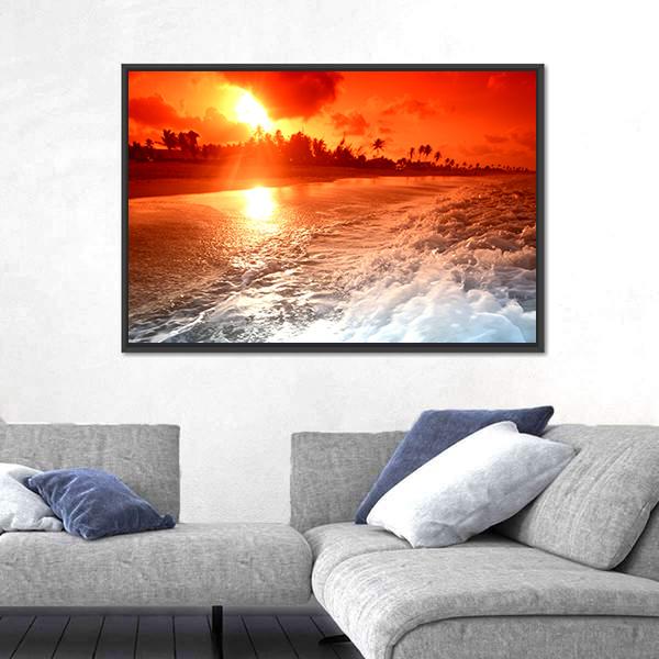 Sunrise Over Ocean In Golden Sky Canvas Wall Art-5 Horizontal-Gallery Wrap-22" x 12"-Tiaracle
