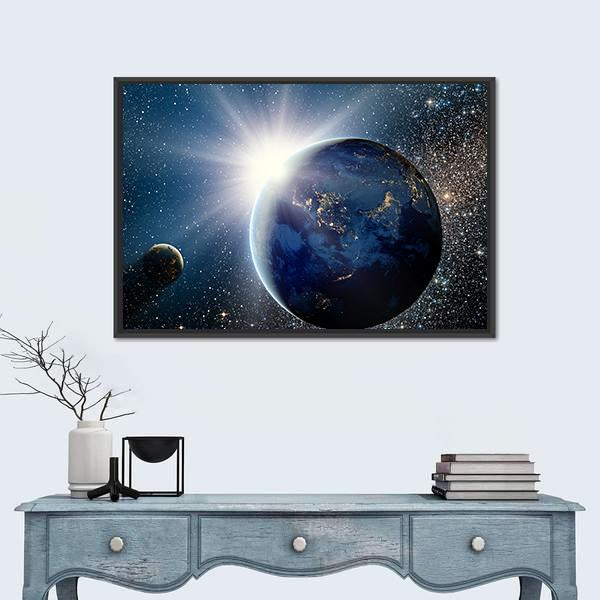 Sunrise Over Planet And Satellites In Space Canvas Wall Art-1 Piece-Floating Frame-24" x 16"-Tiaracle