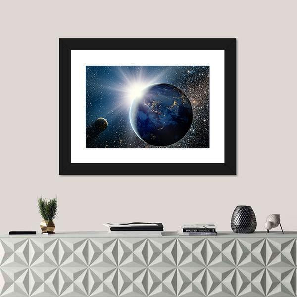 Sunrise Over Planet And Satellites In Space Canvas Wall Art-1 Piece-Framed Print-20" x 16"-Tiaracle